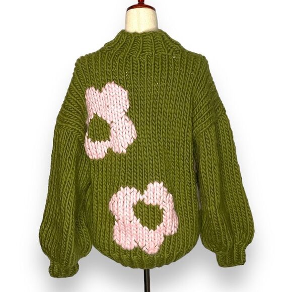 The Knitter. Green Pink Floral Chunky Knit Balloon Sleeve Mockneck Sweater - Picture 3 of 6